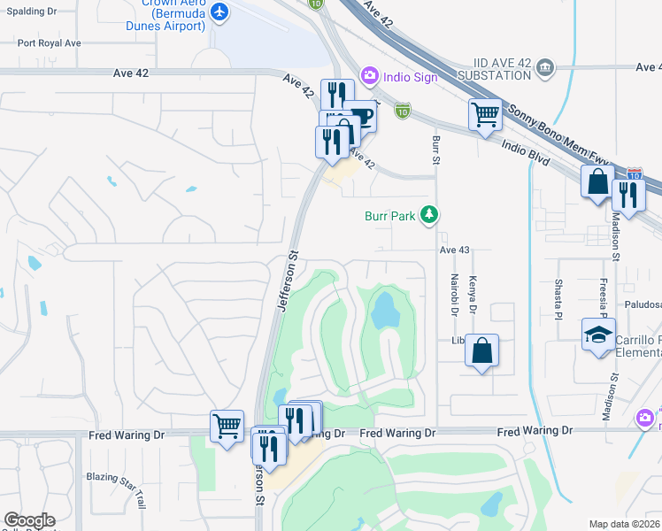 map of restaurants, bars, coffee shops, grocery stores, and more near 80523 Dunbar Drive in Indio