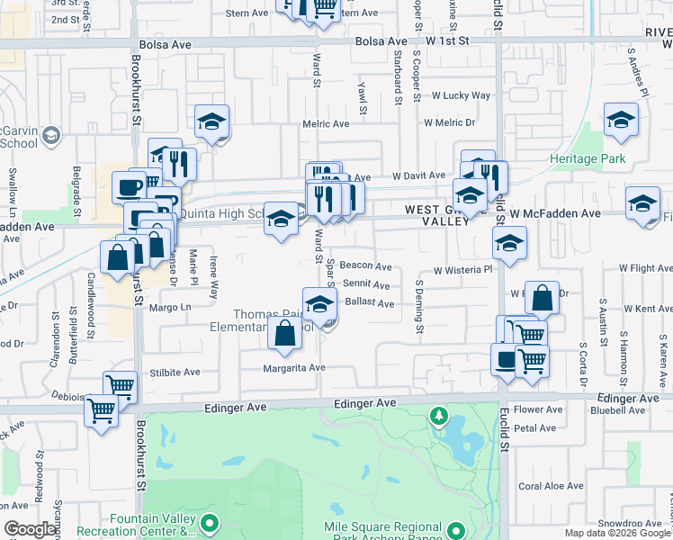 map of restaurants, bars, coffee shops, grocery stores, and more near 10562 Kedge Avenue in Garden Grove