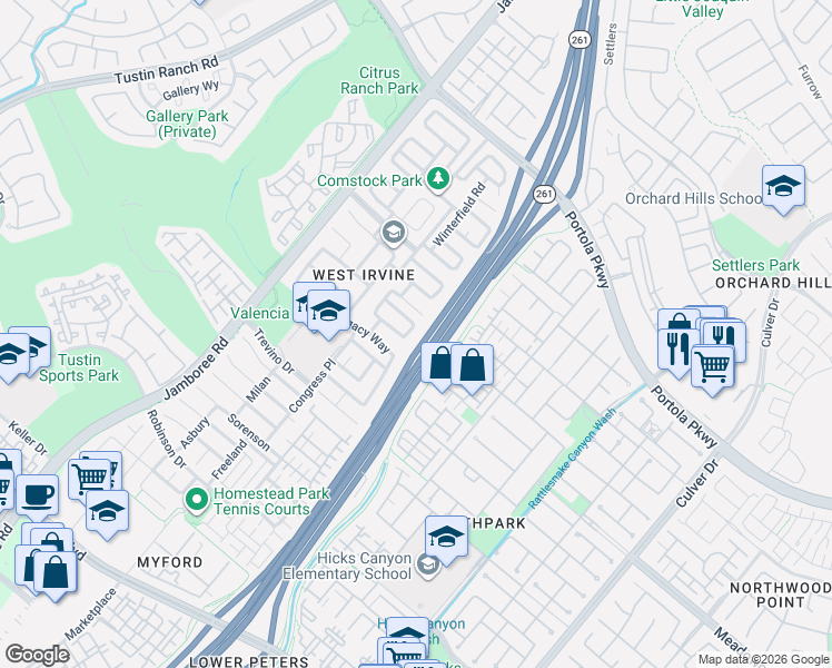 map of restaurants, bars, coffee shops, grocery stores, and more near 26 Proclamation Way in Irvine