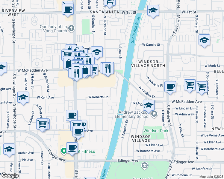 map of restaurants, bars, coffee shops, grocery stores, and more near 913 South Laurel Street in Santa Ana