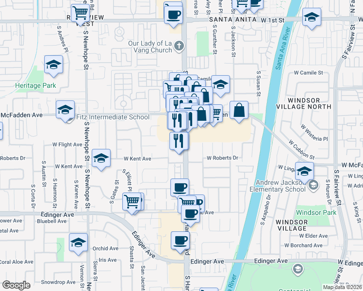 map of restaurants, bars, coffee shops, grocery stores, and more near 828 South Harbor Boulevard in Santa Ana