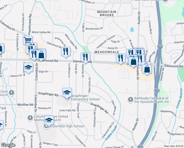 map of restaurants, bars, coffee shops, grocery stores, and more near 1864 Glen Echo Drive in Decatur
