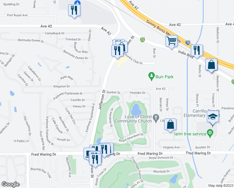 map of restaurants, bars, coffee shops, grocery stores, and more near 80523 Dunbar Drive in Indio