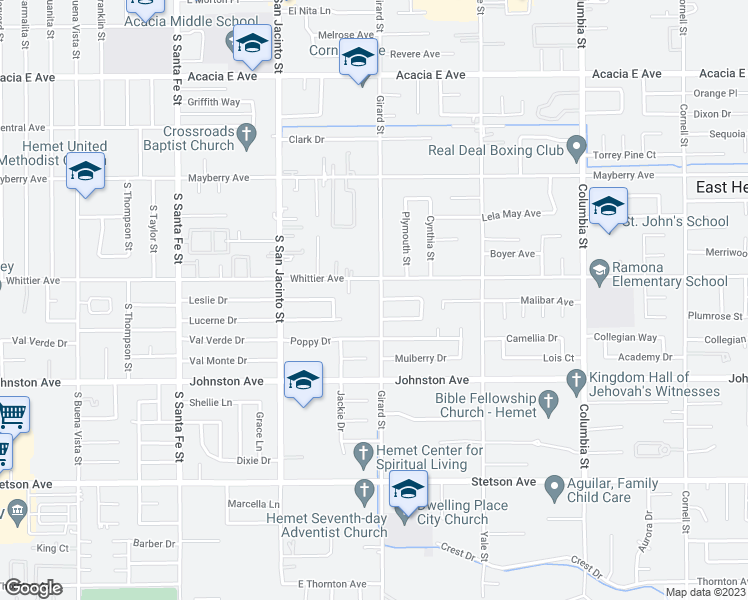 map of restaurants, bars, coffee shops, grocery stores, and more near 26559 Girard Street in Hemet