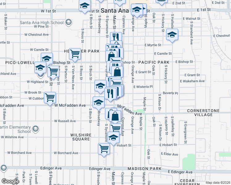 map of restaurants, bars, coffee shops, grocery stores, and more near 931 South Main Street in Santa Ana