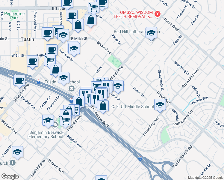 map of restaurants, bars, coffee shops, grocery stores, and more near 13722 Red Hill Avenue in Tustin