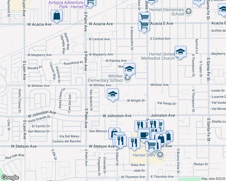map of restaurants, bars, coffee shops, grocery stores, and more near 515 West Whittier Avenue in Hemet