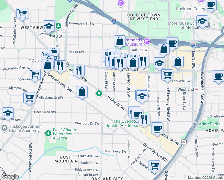 map of restaurants, bars, coffee shops, grocery stores, and more near 695 Queen Street Southwest in Atlanta