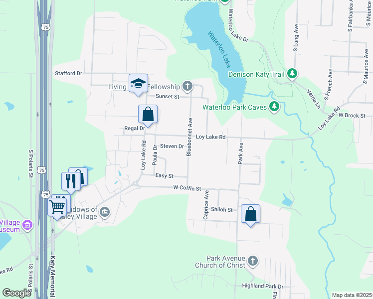 map of restaurants, bars, coffee shops, grocery stores, and more near 2501 Steven Drive in Denison