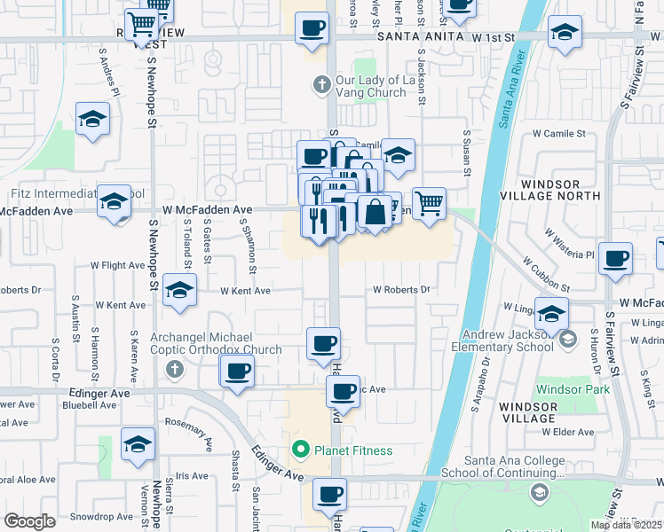 map of restaurants, bars, coffee shops, grocery stores, and more near 801 South Harbor Boulevard in Santa Ana