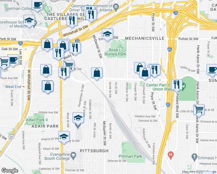 map of restaurants, bars, coffee shops, grocery stores, and more near 693 Smith Street Southwest in Atlanta