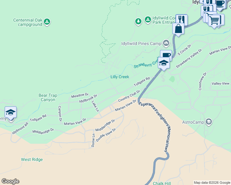 map of restaurants, bars, coffee shops, grocery stores, and more near 26550 Delano Drive in Idyllwild-Pine Cove