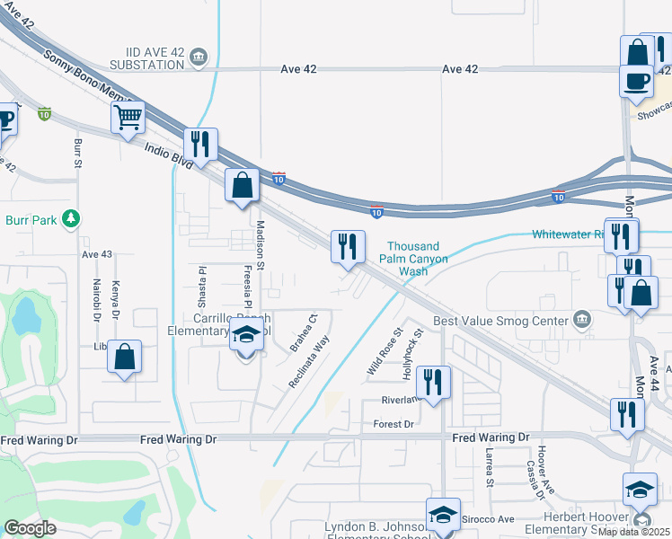 map of restaurants, bars, coffee shops, grocery stores, and more near 81225 Indio Boulevard in Indio