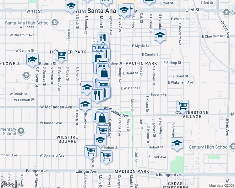 map of restaurants, bars, coffee shops, grocery stores, and more near 926 South Orange Avenue in Santa Ana