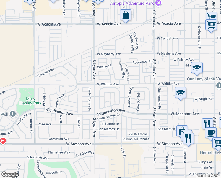 map of restaurants, bars, coffee shops, grocery stores, and more near 291 San Mateo Circle in Hemet