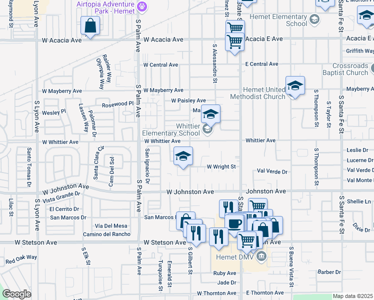 map of restaurants, bars, coffee shops, grocery stores, and more near 735 South Gilbert Street in Hemet