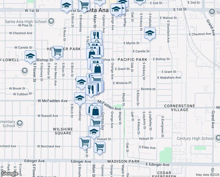 map of restaurants, bars, coffee shops, grocery stores, and more near 926 South Orange Avenue in Santa Ana