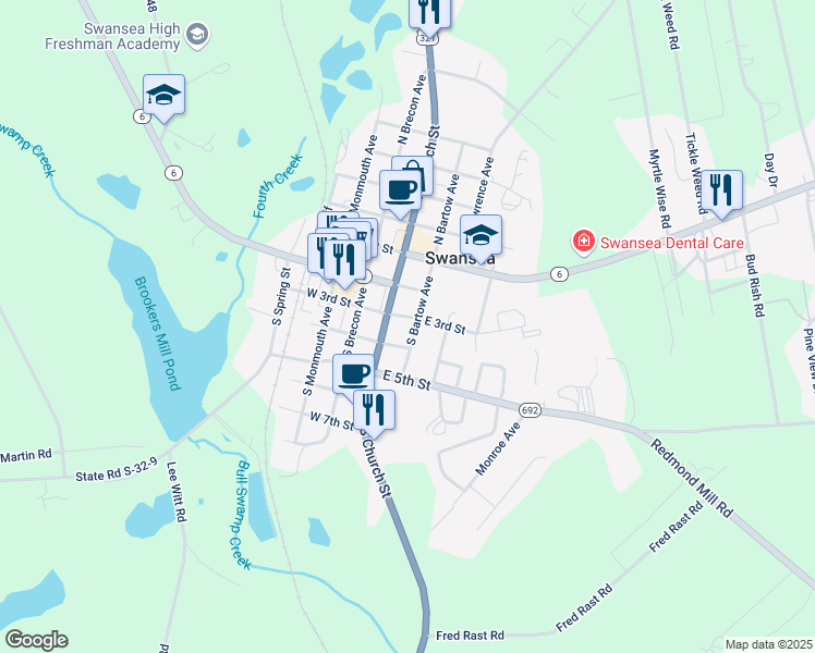 map of restaurants, bars, coffee shops, grocery stores, and more near 305 South Church Street in Swansea