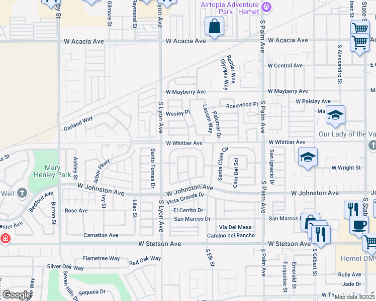 map of restaurants, bars, coffee shops, grocery stores, and more near 291 San Mateo Circle in Hemet