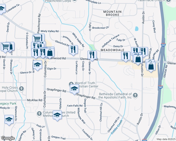 map of restaurants, bars, coffee shops, grocery stores, and more near 1877 Glenmar Drive in Decatur
