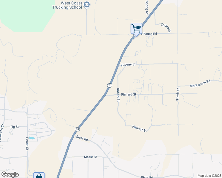 map of restaurants, bars, coffee shops, grocery stores, and more near California 74 in Perris