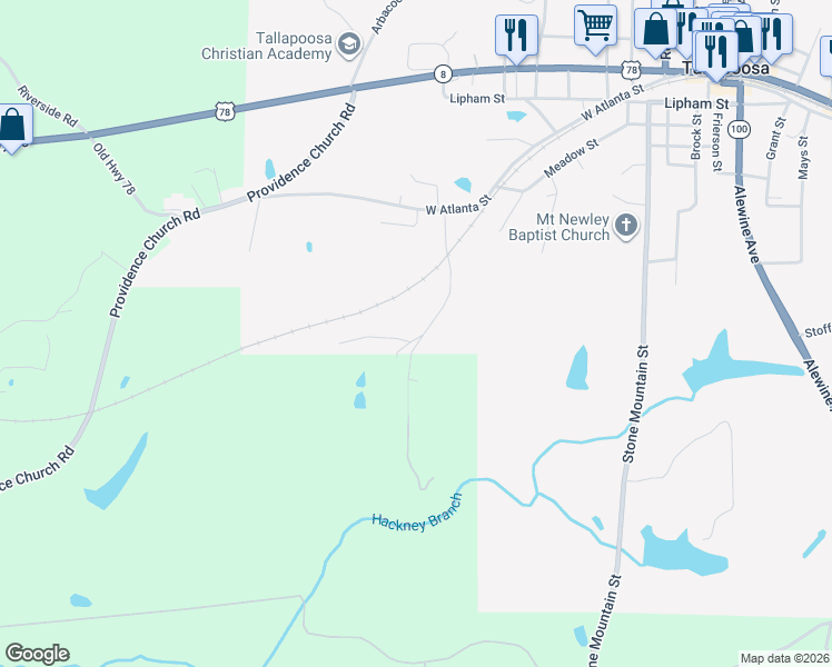 map of restaurants, bars, coffee shops, grocery stores, and more near 161 South Kelley Street in Tallapoosa