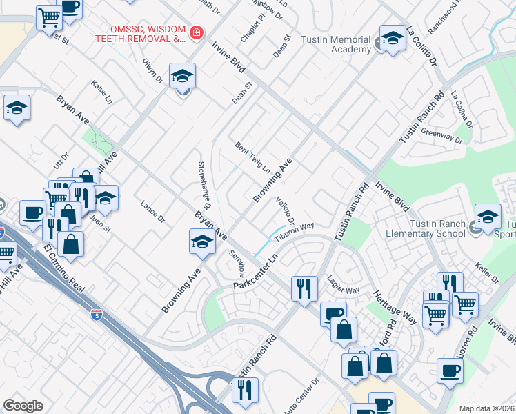 map of restaurants, bars, coffee shops, grocery stores, and more near 15310 Barranca Parkway in Irvine