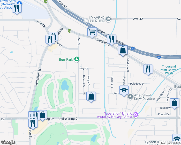 map of restaurants, bars, coffee shops, grocery stores, and more near 80665 Avenue 43 in Indio