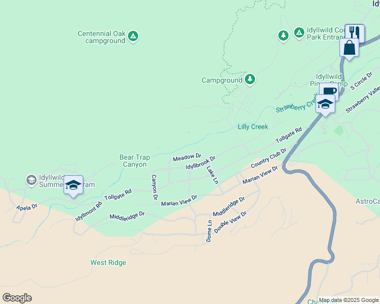 map of restaurants, bars, coffee shops, grocery stores, and more near 26570 Lake Lane in Idyllwild-Pine Cove