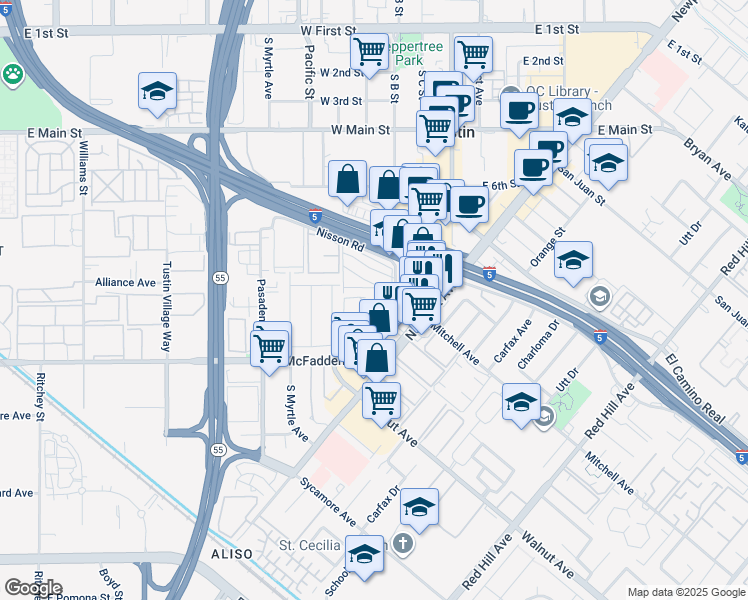 map of restaurants, bars, coffee shops, grocery stores, and more near 3 Via Del Sud in Tustin