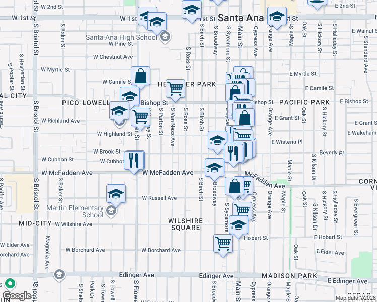 map of restaurants, bars, coffee shops, grocery stores, and more near 818 South Birch Street in Santa Ana