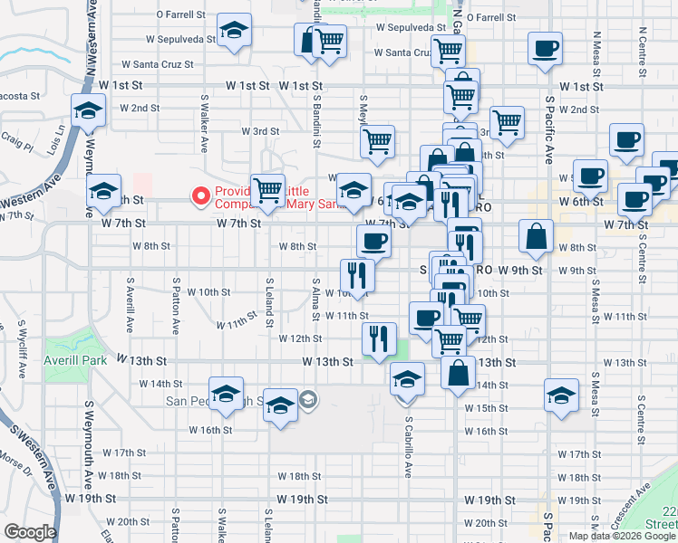 map of restaurants, bars, coffee shops, grocery stores, and more near 927 West 8th Street in Los Angeles