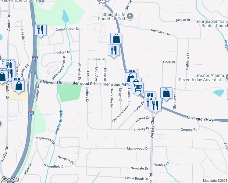 map of restaurants, bars, coffee shops, grocery stores, and more near 4853 Glenwood Road in Decatur