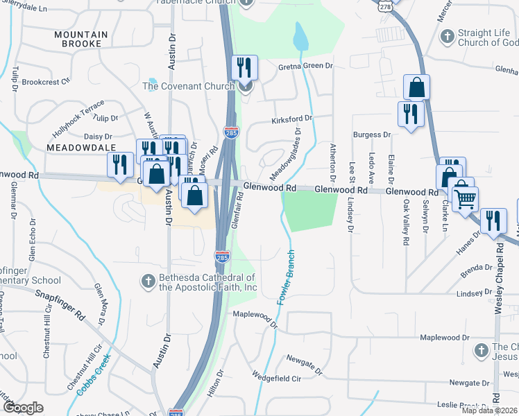 map of restaurants, bars, coffee shops, grocery stores, and more near 4649 Glenwood Road in Decatur