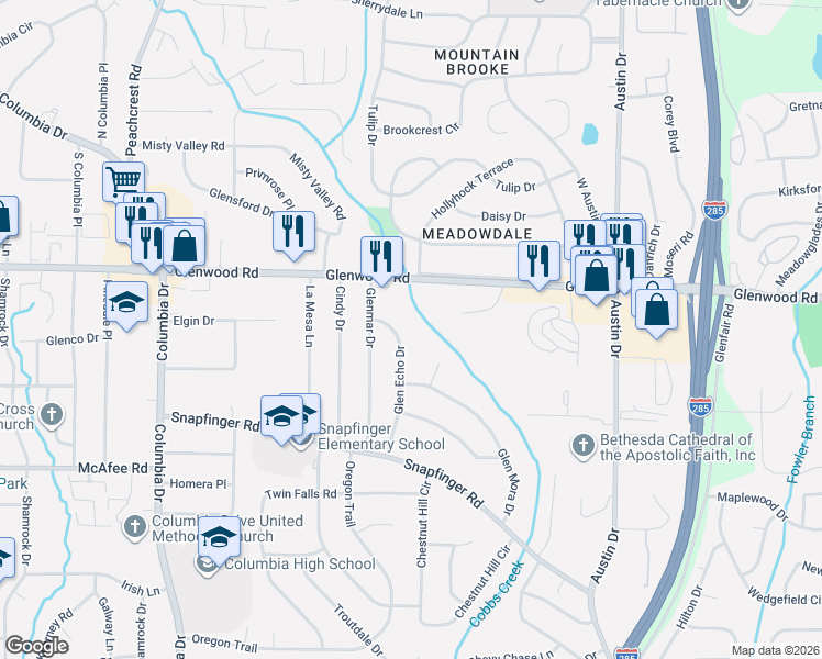 map of restaurants, bars, coffee shops, grocery stores, and more near 1864 Glen Echo Drive in Decatur
