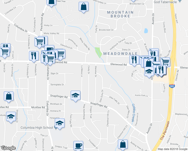 map of restaurants, bars, coffee shops, grocery stores, and more near 1877 Glenmar Drive in Decatur