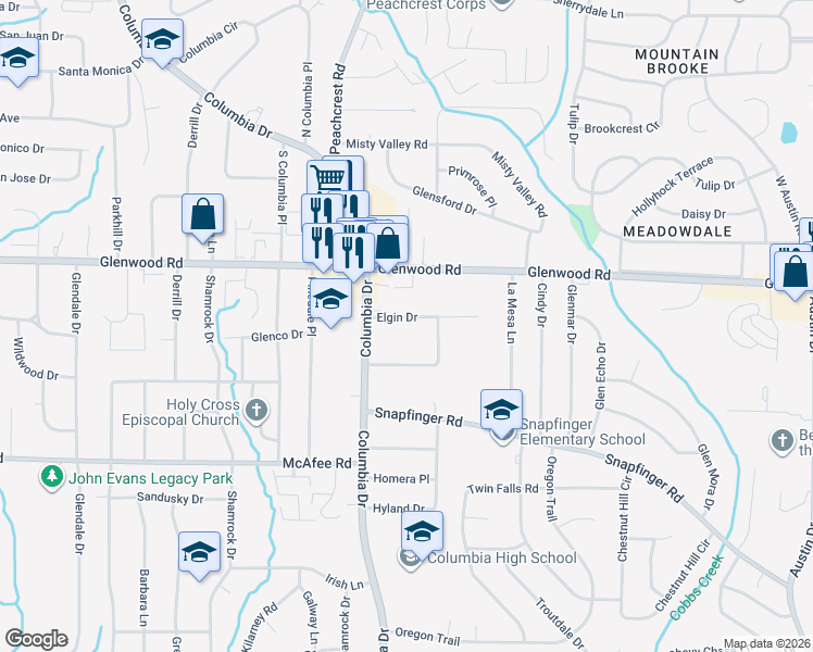 map of restaurants, bars, coffee shops, grocery stores, and more near 3406 Elgin Drive in Decatur