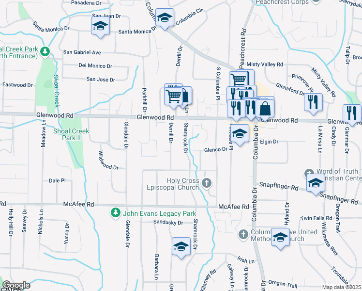 map of restaurants, bars, coffee shops, grocery stores, and more near 1879 Shamrock Drive in Decatur