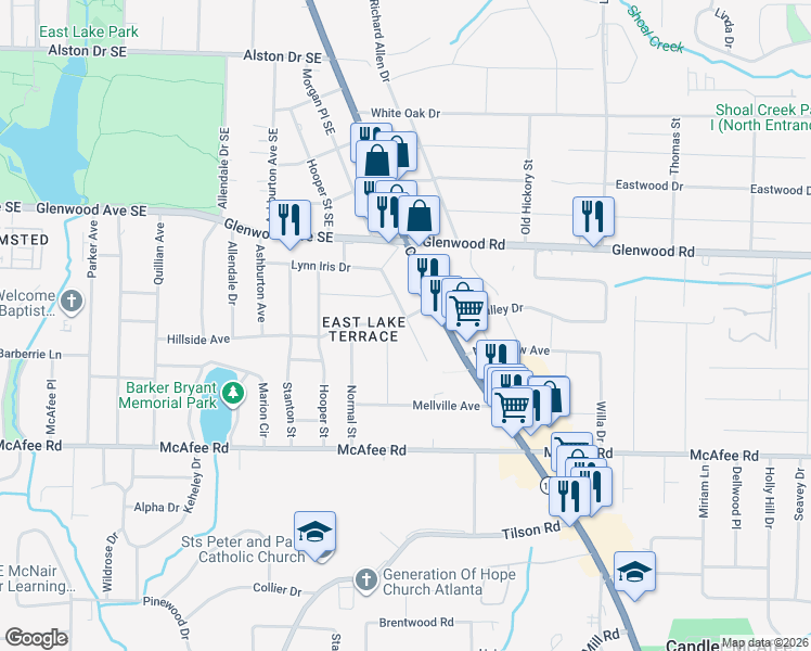 map of restaurants, bars, coffee shops, grocery stores, and more near 1899 Cannon Street in Decatur