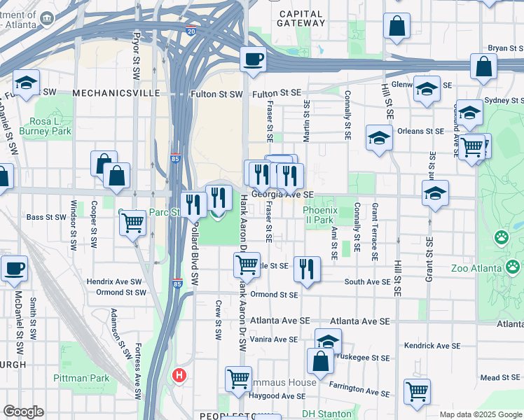 map of restaurants, bars, coffee shops, grocery stores, and more near 686 Exchange Street in Atlanta