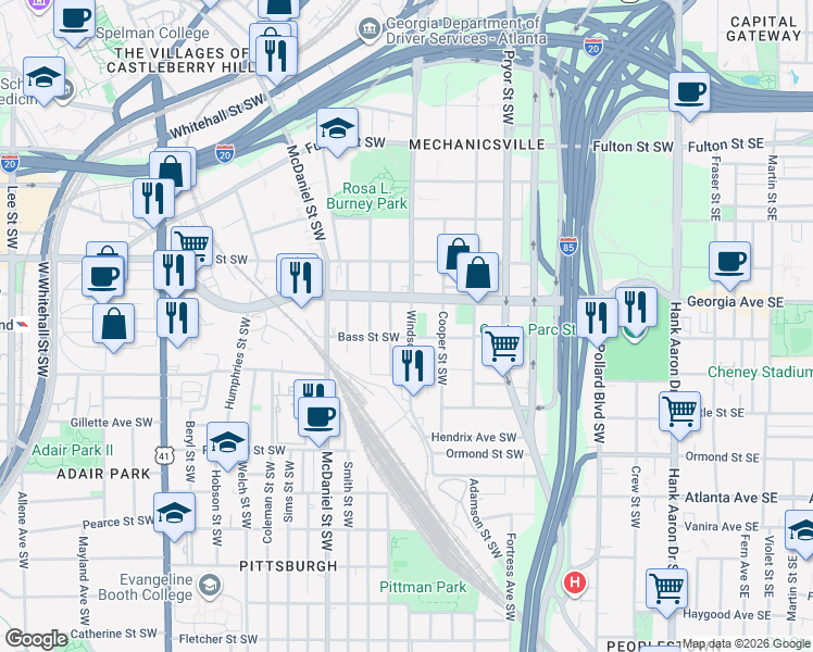 map of restaurants, bars, coffee shops, grocery stores, and more near 691 Windsor Street Southwest in Atlanta