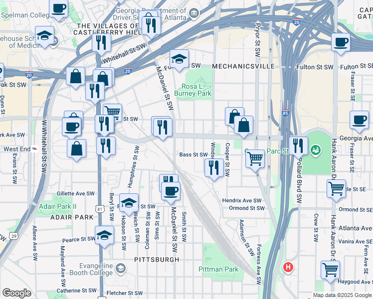 map of restaurants, bars, coffee shops, grocery stores, and more near 676 Smith Street Southwest in Atlanta
