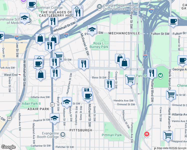 map of restaurants, bars, coffee shops, grocery stores, and more near 693 Smith Street Southwest in Atlanta