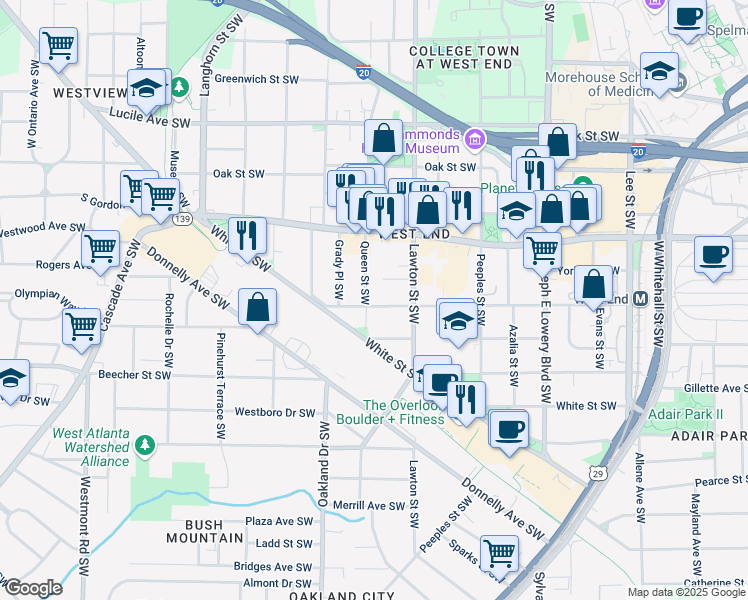 map of restaurants, bars, coffee shops, grocery stores, and more near 1118 Lawton Place Southwest in Atlanta