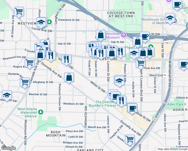 map of restaurants, bars, coffee shops, grocery stores, and more near 679 Queen Street Southwest in Atlanta