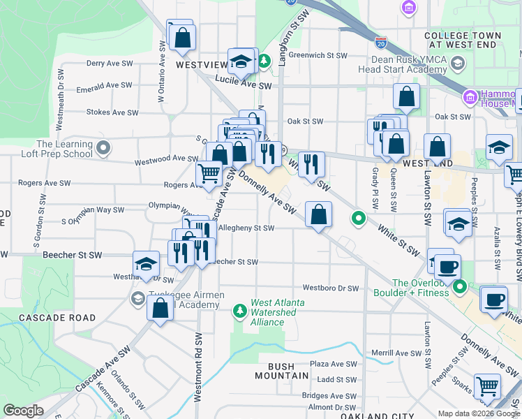 map of restaurants, bars, coffee shops, grocery stores, and more near 1402 Oglethorpe Avenue Southwest in Atlanta