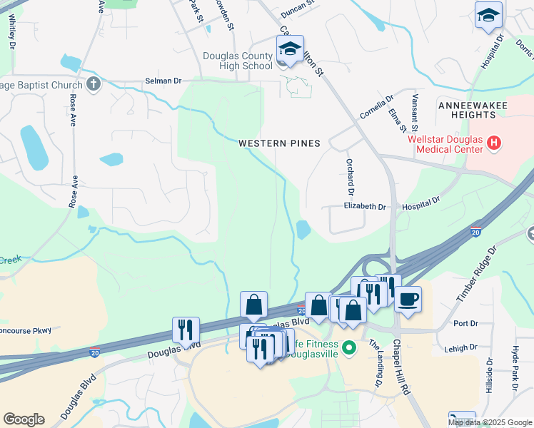 map of restaurants, bars, coffee shops, grocery stores, and more near 9041 Par Drive in Douglasville