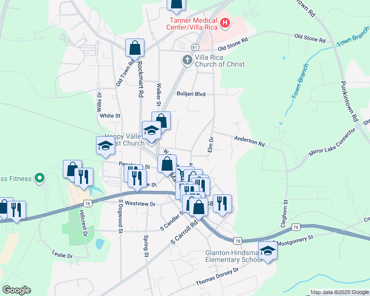 map of restaurants, bars, coffee shops, grocery stores, and more near 307 Winton Way in Villa Rica