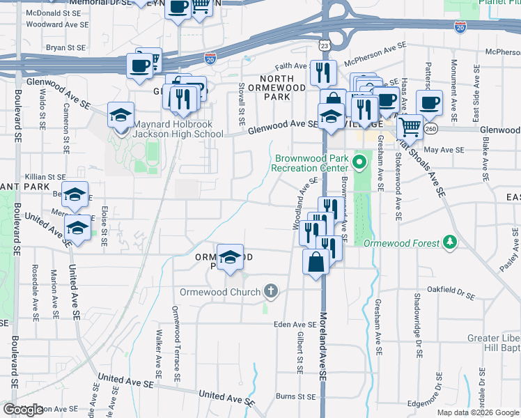 map of restaurants, bars, coffee shops, grocery stores, and more near 1045 Berne Street Southeast in Atlanta