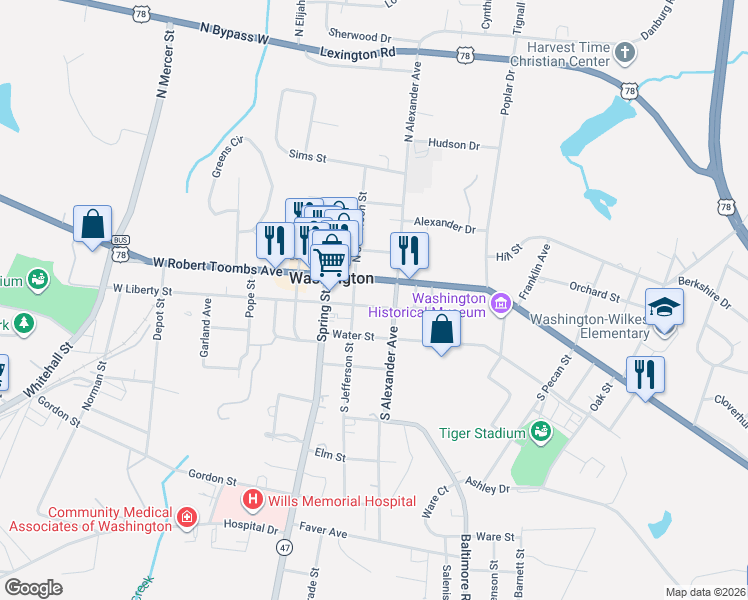 map of restaurants, bars, coffee shops, grocery stores, and more near 114 East Robert Toombs Avenue in Washington